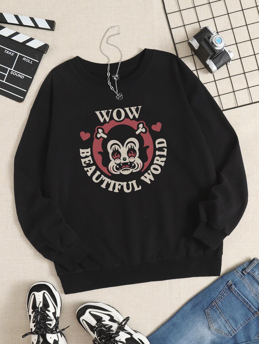 Laserblazt Letter & Heart Print Pullover - Black - View 1