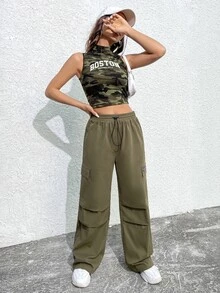 SHEIN EZwear Áo hai dây Lá thư Ngụy trang Giải trí - xanh quân đội - Xem 3