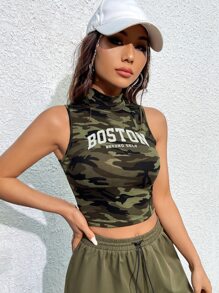 SHEIN EZwear Áo hai dây Lá thư Ngụy trang Giải trí - xanh quân đội - Xem 4