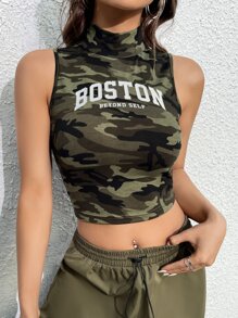 SHEIN EZwear Áo hai dây Lá thư Ngụy trang Giải trí - xanh quân đội - Xem 5