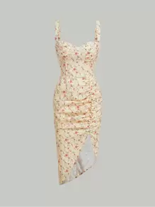 SHEIN MOD Vestido de tirantes floral fruncido - Amarillo - Ver 1