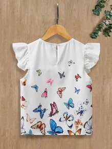 SHEIN Blusa casual para niña preadolescente con mangas cortas con ribete de volantes y patrón de mariposa - Blanco - Ver 2