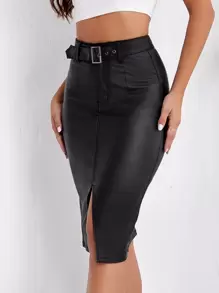 SHEIN Essnce Falda lápiz con hebilla y cinturón con dobladillo dividido - Negro - Ver 1