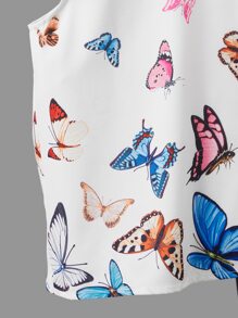 SHEIN Blusa casual para niña preadolescente con mangas cortas con ribete de volantes y patrón de mariposa - Blanco - Ver 3