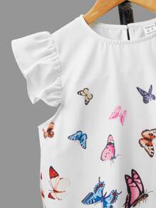 SHEIN Blusa casual para niña preadolescente con mangas cortas con ribete de volantes y patrón de mariposa - Blanco - Ver 5