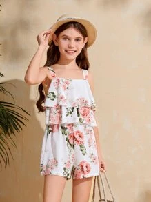 SHEIN Girls Floral Print Ruffle Trim Cami Romper - White - View 4