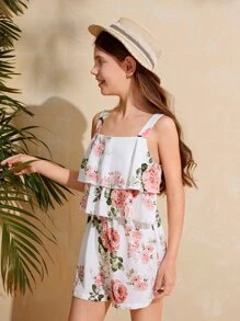 SHEIN Girls Floral Print Ruffle Trim Cami Romper - White - View 5