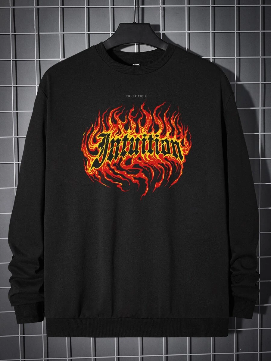 Manfinity Men Letter & Fire Print Pullover - Black - View 1