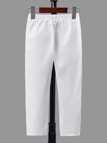 SHEIN 小男童前紐扣彈性腰帶長褲 - 白色 - 查看 2