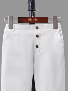 SHEIN 小男童前紐扣彈性腰帶長褲 - 白色 - 查看 5