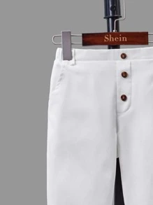 SHEIN 小男童前紐扣彈性腰帶長褲 - 白色 - 查看 6