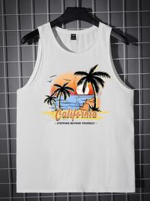 Manfinity RebelGame Men Cotton Tropical & Letter Graphic Tank Top - White - View 1