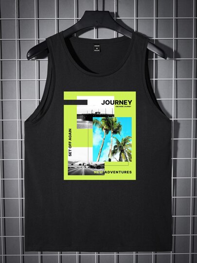 GENTILAND Guys Slogan & Tropical Print Tank Top
