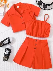 SHEIN Explorewe 女孩西裝領短款襯衫和短褲和吊帶上衣 - 亮橙色 - 查看 1