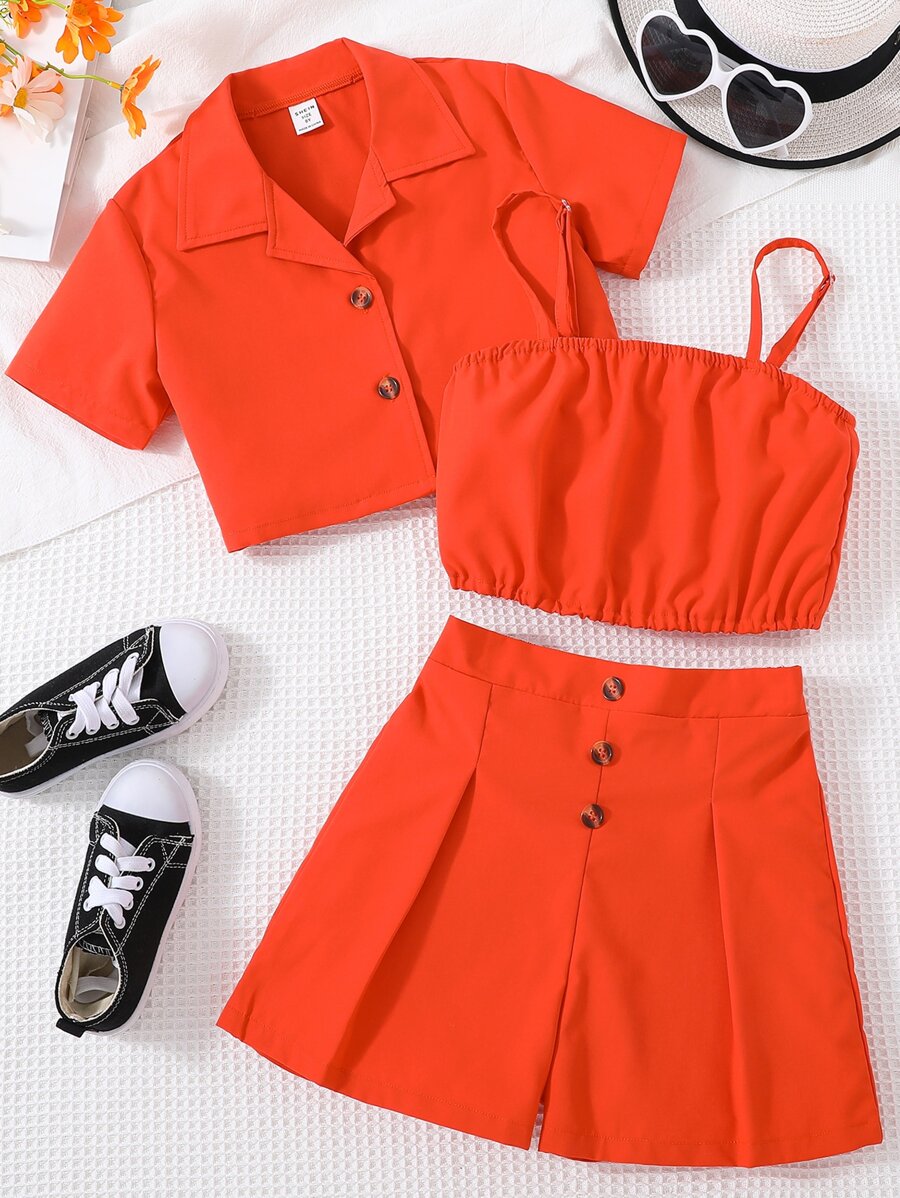 SHEIN Explorewe 女孩西裝領短款襯衫和短褲和吊帶上衣 - 亮橙色 - 查看 1