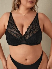 Plus Contrast Lace Underwire Bra - Black - View 1