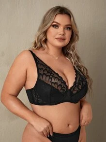 Plus Contrast Lace Underwire Bra - Black - View 3