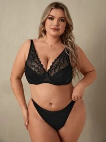 Plus Contrast Lace Underwire Bra - Black - View 4