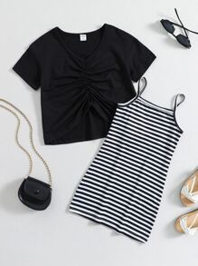 Niñas fruncido delantero Camiseta & de rayas Vestido de tirantes - Blanco y Negro - Ver 1