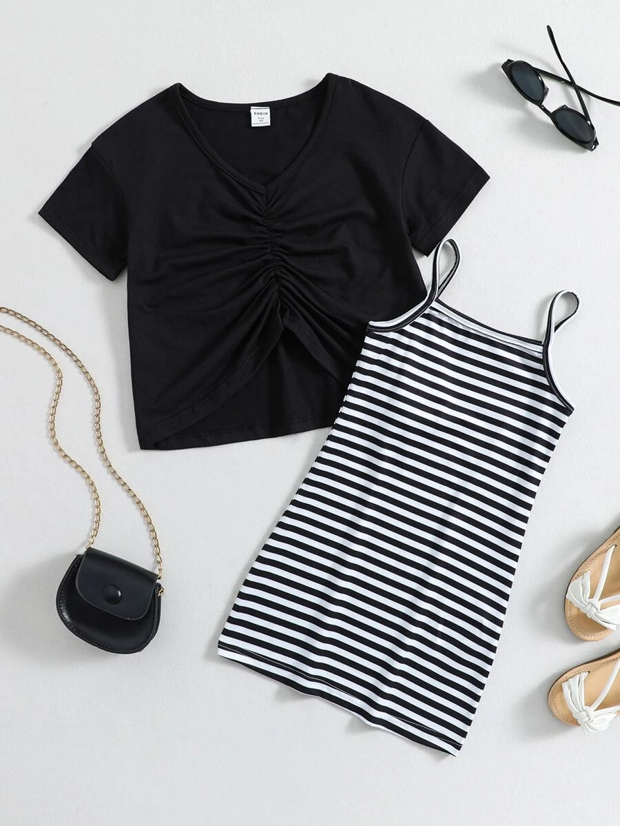 Niñas fruncido delantero Camiseta & de rayas Vestido de tirantes - Blanco y Negro - Ver 1