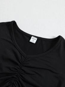 Niñas fruncido delantero Camiseta & de rayas Vestido de tirantes - Blanco y Negro - Ver 3