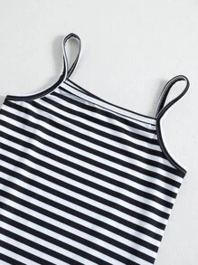 Niñas fruncido delantero Camiseta & de rayas Vestido de tirantes - Blanco y Negro - Ver 4