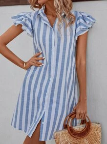 SHEIN LUNE Striped Print Layered Sleeve Shirt Dress