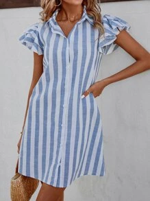 SHEIN LUNE Striped Print Layered Sleeve Shirt Dress