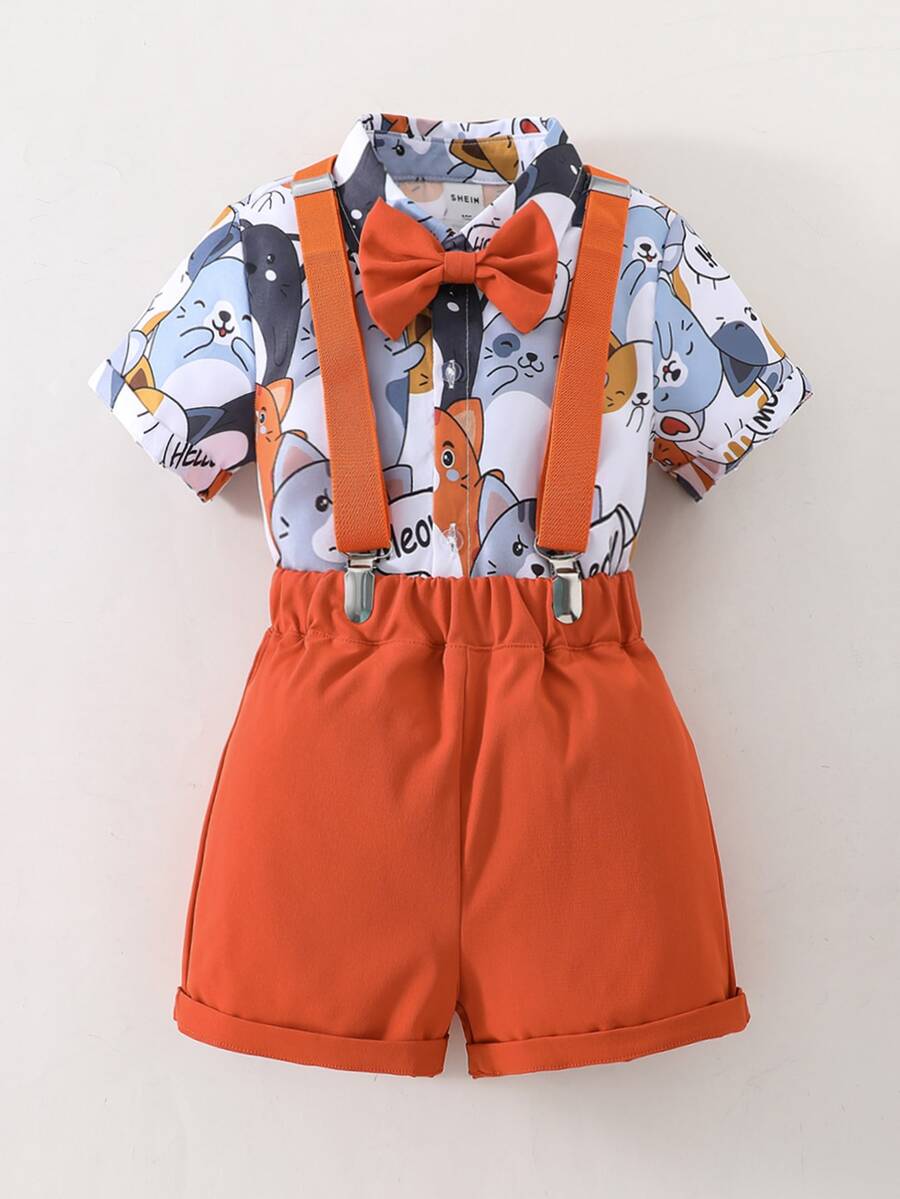 SHEIN 小男孩卡通學院休閒紳士翻領常規袖 2入組/套 夏季