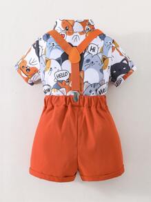 SHEIN 小男孩卡通學院休閒紳士翻領常規袖 2入組/套 夏季