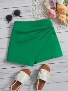 SHEIN Cô gái Tween Thanh lịch Eo đàn hồi Viền không đối xứng Dệt Chất rắn Váy quần Với Sọc bên Cho mùa hè - màu xanh lá - Xem 1