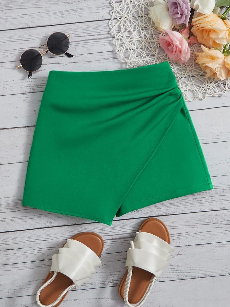 SHEIN Cô gái Tween Thanh lịch Eo đàn hồi Viền không đối xứng Dệt Chất rắn Váy quần Với Sọc bên Cho mùa hè - màu xanh lá - Xem 1