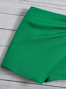 SHEIN Cô gái Tween Thanh lịch Eo đàn hồi Viền không đối xứng Dệt Chất rắn Váy quần Với Sọc bên Cho mùa hè - màu xanh lá - Xem 3