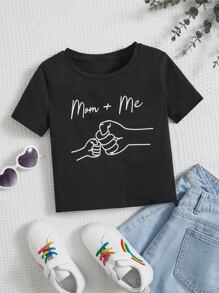 SHEIN Tween Girl Casual Sporty Short Sleeve T-Shirt With Gesture & Letter Print For Summer - Black - View 1