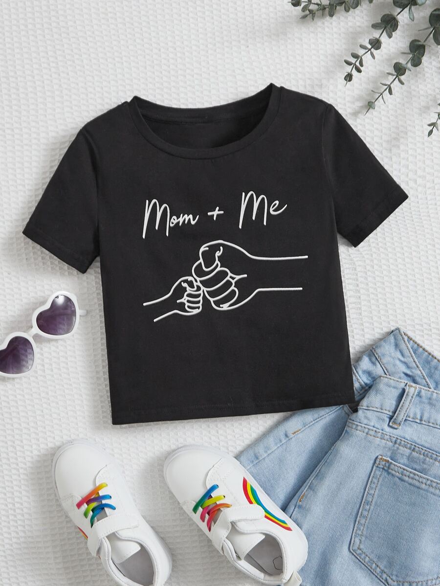 SHEIN Tween Girl Casual Sporty Short Sleeve T-Shirt With Gesture & Letter Print For Summer - Black - View 1