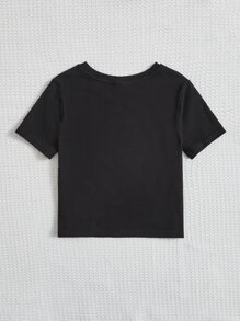SHEIN Tween Girl Casual Sporty Short Sleeve T-Shirt With Gesture & Letter Print For Summer - Black - View 2