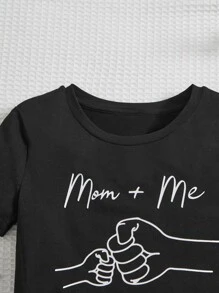 SHEIN Tween Girl Casual Sporty Short Sleeve T-Shirt With Gesture & Letter Print For Summer - Black - View 4