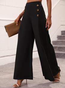 Chiquease Pantalones de pierna ancha con botón lateral - Negro - Ver 2
