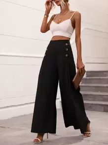 Chiquease Pantalones de pierna ancha con botón lateral - Negro - Ver 1