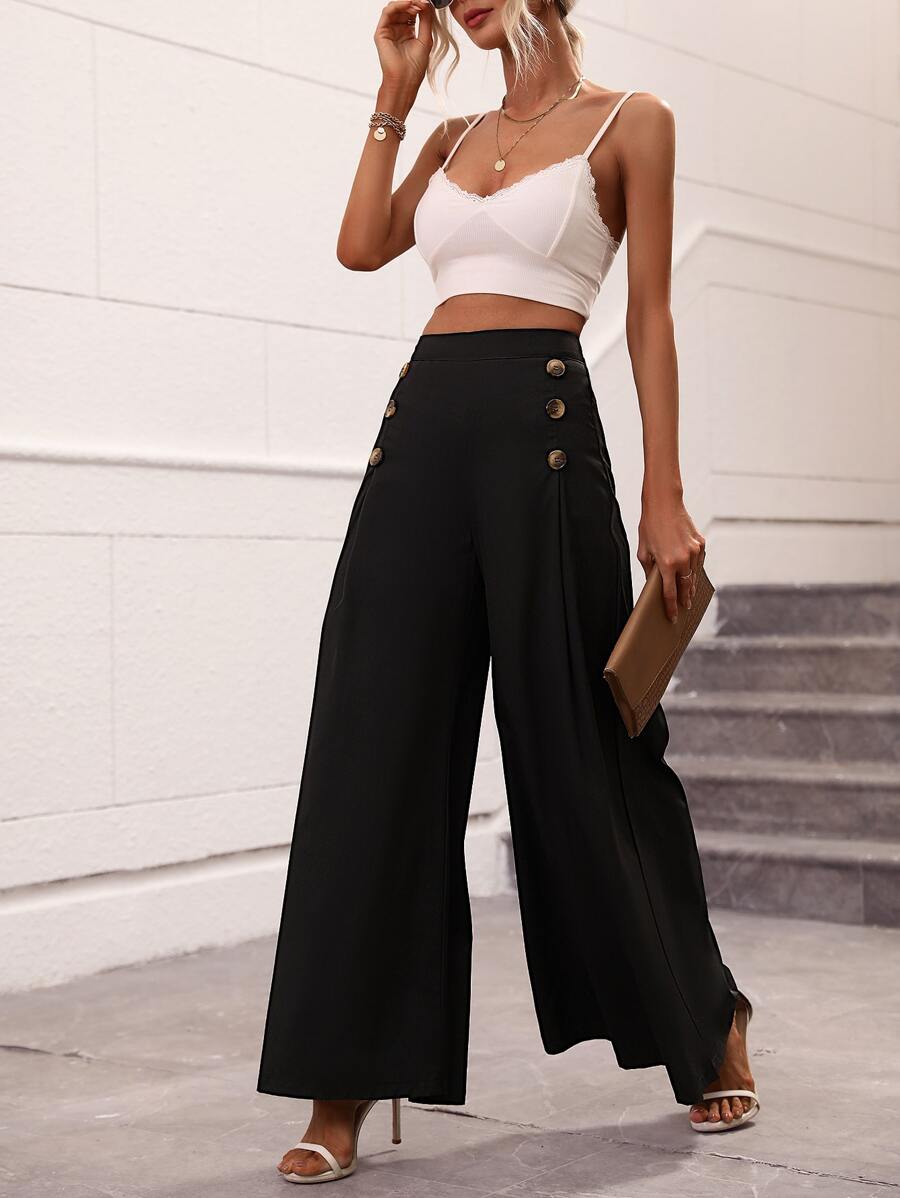 Chiquease Pantalones de pierna ancha con botón lateral - Negro - Ver 1