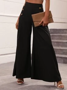 Chiquease Pantalones de pierna ancha con botón lateral - Negro - Ver 6