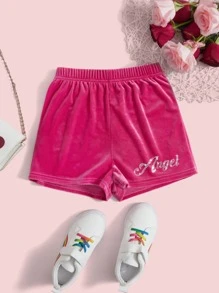 SHEIN Girls Letter Embroidery Velvet Shorts - Hot Pink - View 1