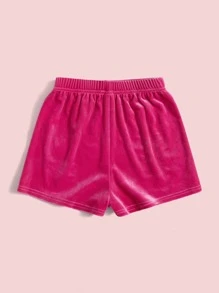 SHEIN Girls Letter Embroidery Velvet Shorts - Hot Pink - View 2