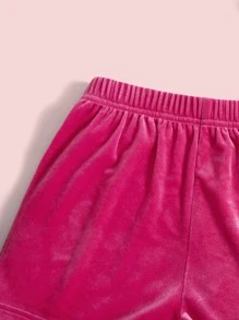 SHEIN Girls Letter Embroidery Velvet Shorts - Hot Pink - View 4