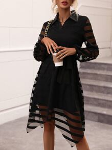 SHEIN Clasi Contrast Mesh Belted Shirt Dress - Black - View 4