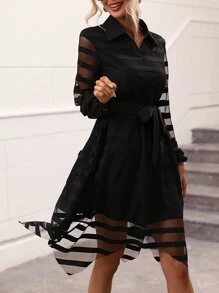 SHEIN Clasi Contrast Mesh Belted Shirt Dress - Black - View 1