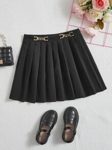 SHEIN Girls Chain Detail Pleated Skirt - Black - View 1