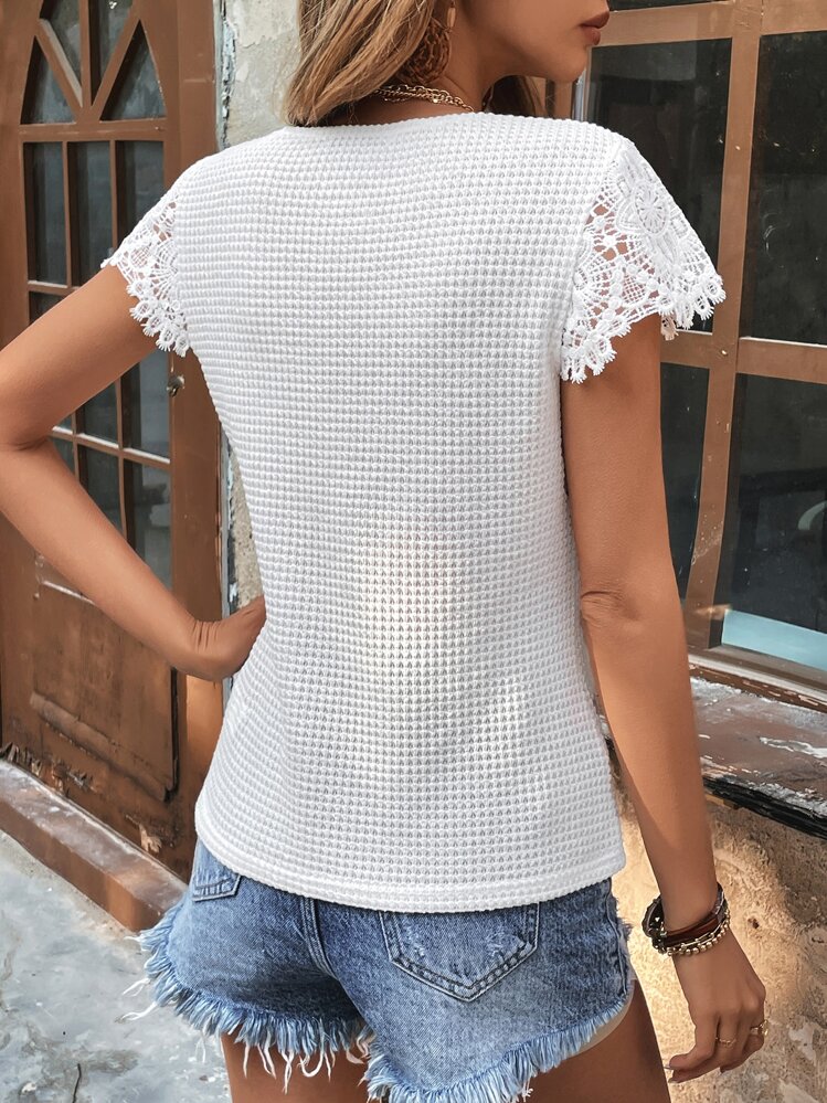 SHEIN VCAY שרוך ניגוד פשוט קז'ואל חולצת טי - לבן - ראה 2