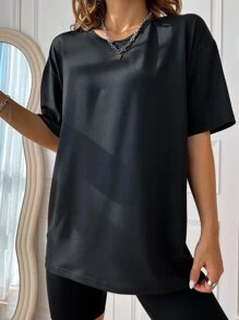 SHEIN Unity Women's Casual Letter & Lip Print Round Neck Short Sleeve T-Shirt, Summer - Black - View 2