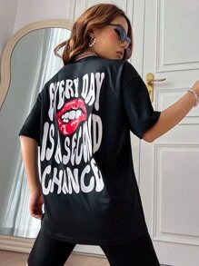 SHEIN Unity Women's Casual Letter & Lip Print Round Neck Short Sleeve T-Shirt, Summer - Black - View 3